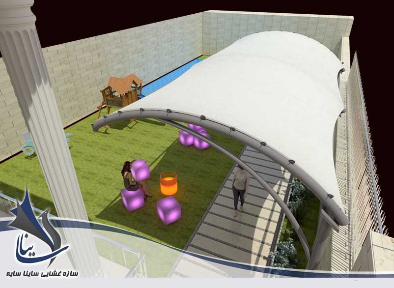 طراحی سه بعدی آلاچیق پارچه ای با فرم آرک در حیاط مهدکودک کلبه شکلاتی - فرمانیه