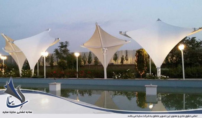 طراحی و اجرای سایبان دکوراتیو باغ تالار جزیره آبی